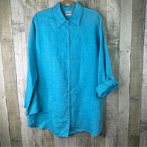 Chico’s (Flawed) Size 3 Blue Linen Button Front Pockets Long Tabbed Sleeve Shirt